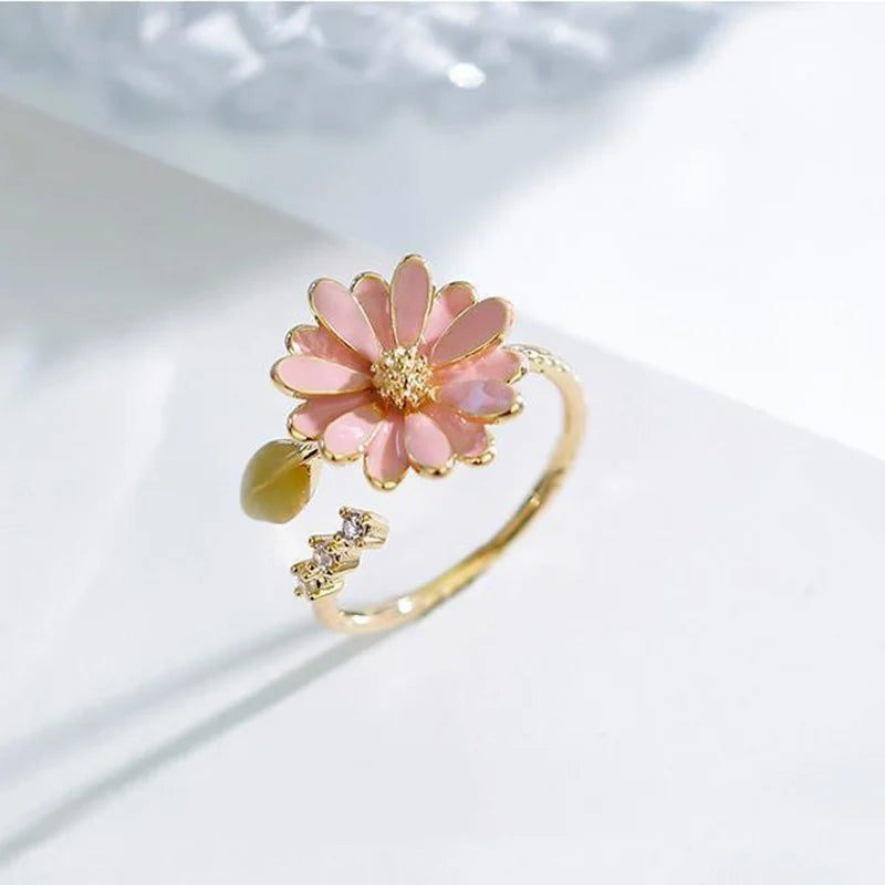 1 Pc Fashion Exquisite Flower Daisy Luxury Plant Opening Leaf Copper Gold Color Adjustable Ring Women Daily Party Gift Jewelry