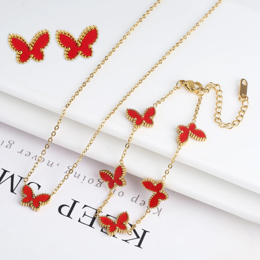 3PCS Hot Sale Stainless Steel Butterfly Jewelry Set Bracelet Necklace Earrings High Quality Women Luxury Party Jewelry Clover