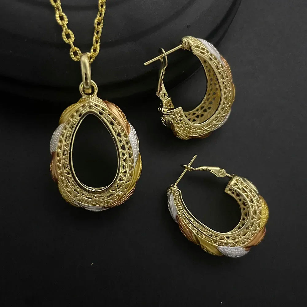 24K Gold-plated Two Piece Copper Jewelry Set India Dubai Jewelry Gold Warped Geometry Necklace Earrings