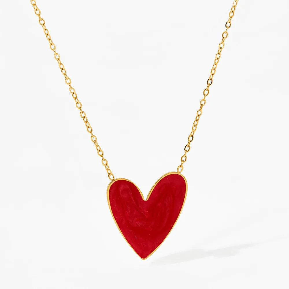 18K Gold PVD Plated Stainless Steel Colorful Enamel Heart Necklace Earring Set For Women Spring Summer Jewelry  Waterproof