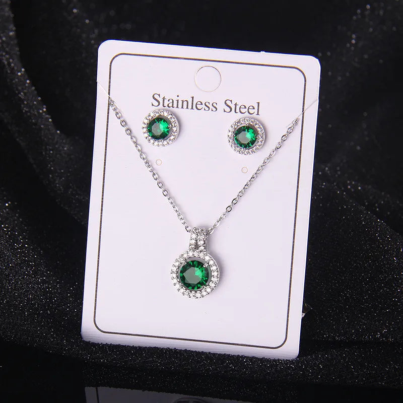 High Grade Round Zircon Jewelry Set Trendy Popular Stainless Steel Pendant Necklace Stud Earrings Party Gifts For Women Girls