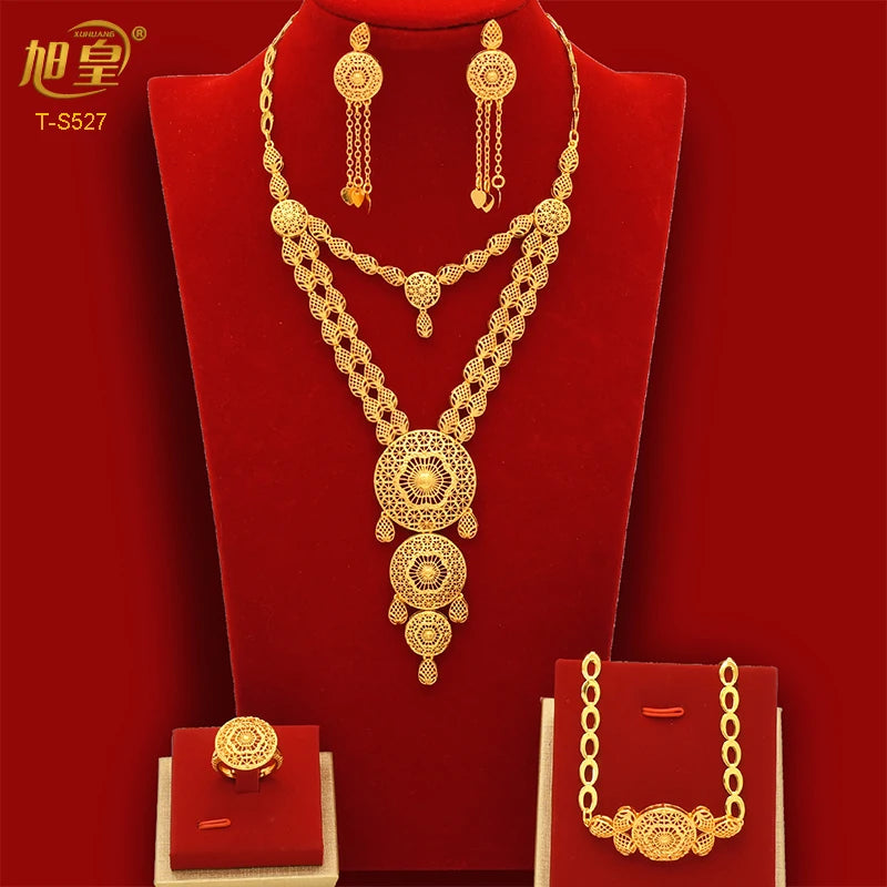 African Big Luxury 4PCS Dubai Gold Color Jewelry Necklace Sets For Women Bridal Wedding Sets 2024 Trend Jewellery Gifts