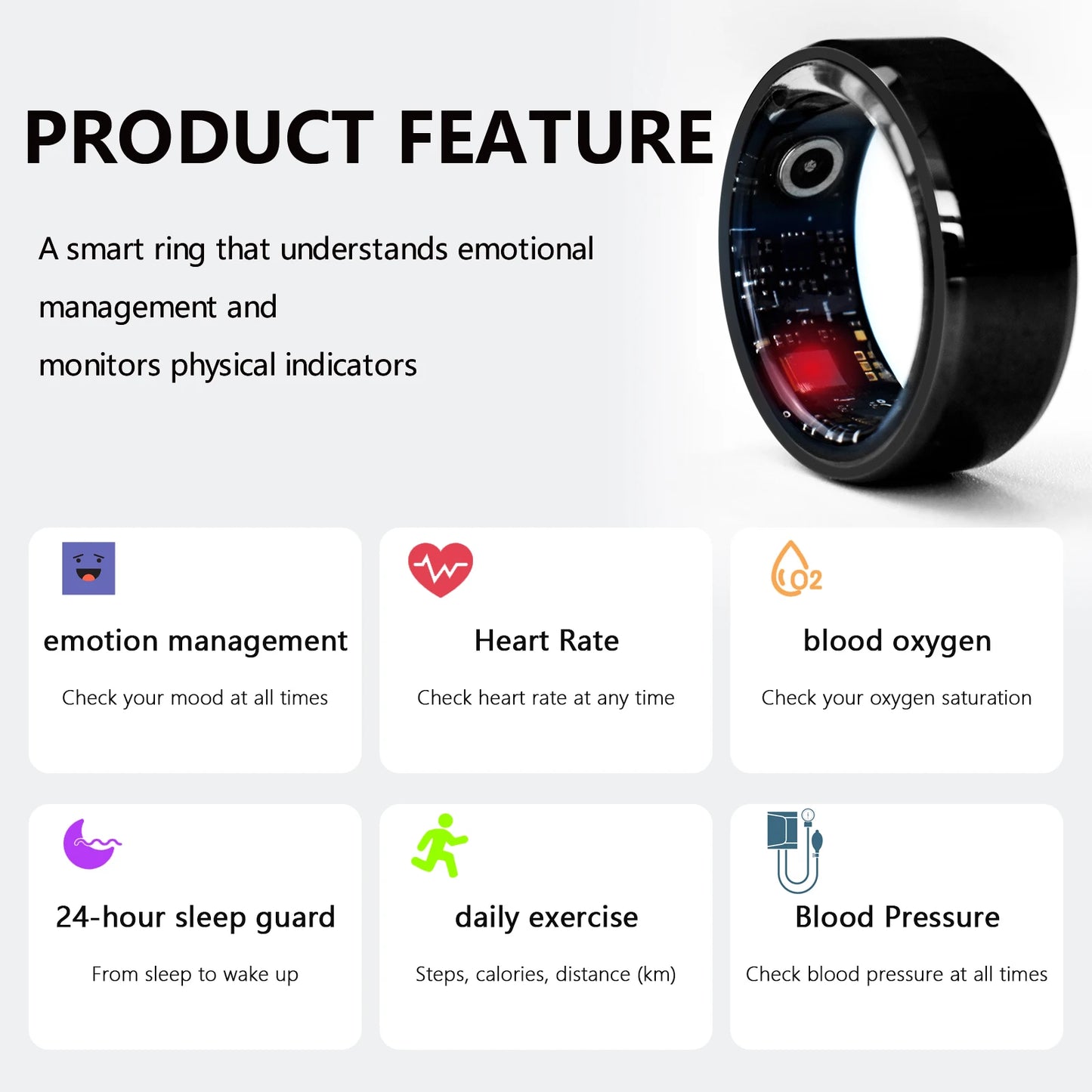 The Smart Health Ring is a multifunctional device that monitors and tracks heart rate, blood oxygen levels, and sleep patterns. It is also waterproof, making it suitable for everyday use.