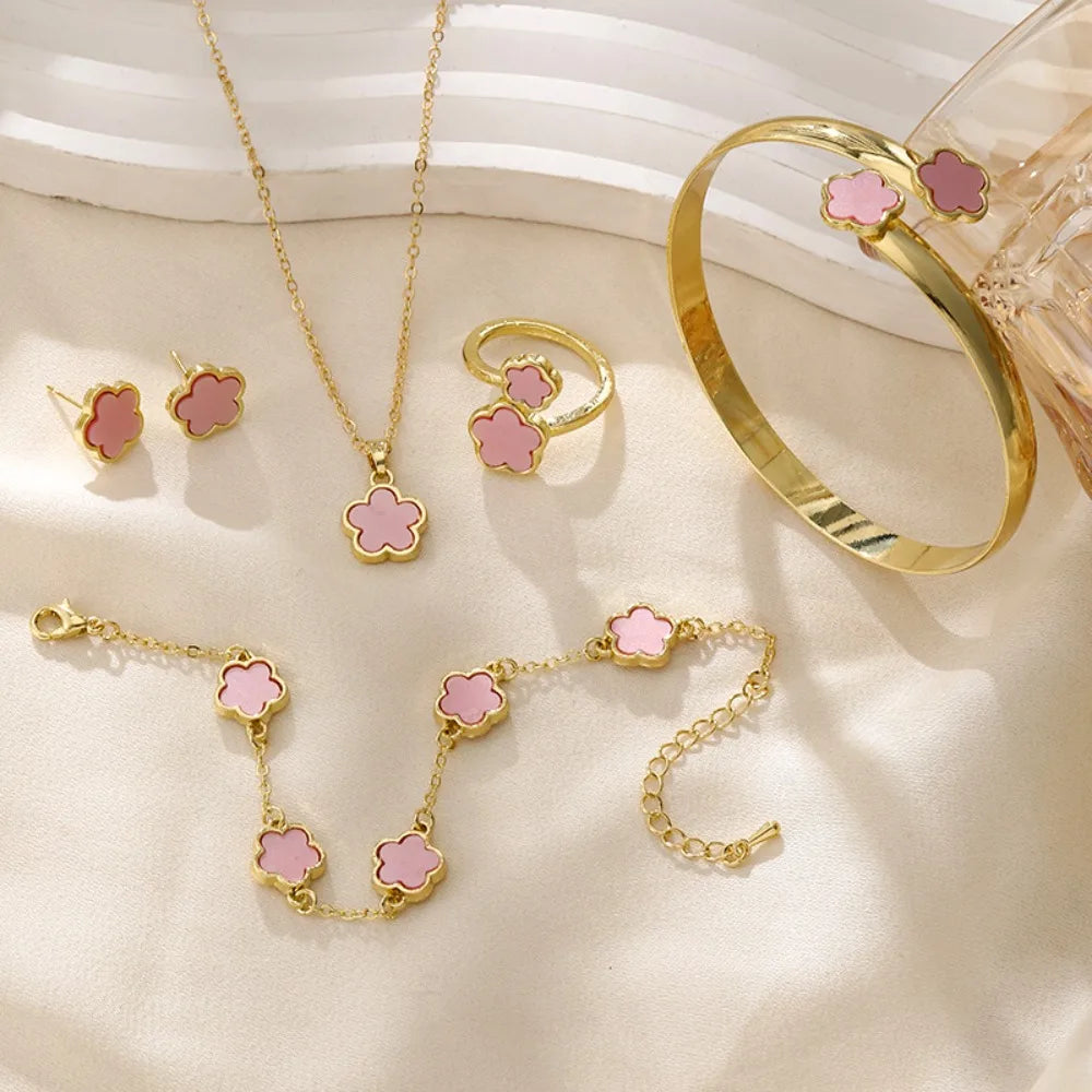 1 Set Fashion Alloy Jewelry Set Female Plum Blossom Five Leaf Flower Earing Girls Bracelet Adjustable Women's Girl Necklace