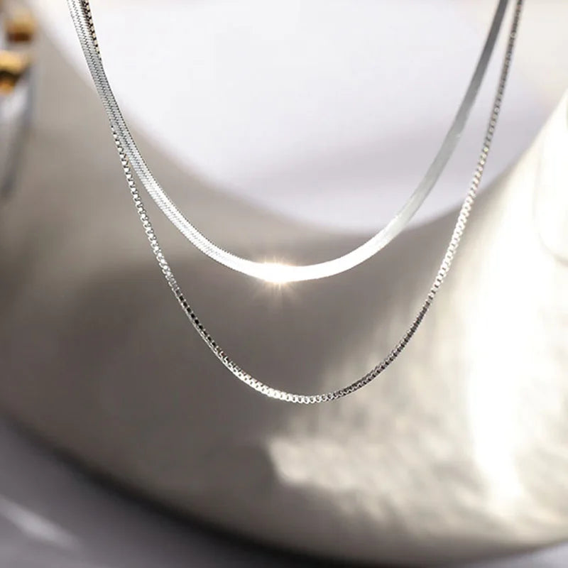 2024 S925 Silver Double Layer Box Chain Snake Clavicle Chain Necklace Female Fashion Hip-hop Retro Unique Design Fine Jewelry