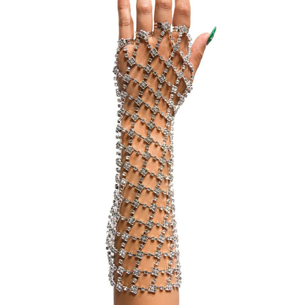 Elegant women's luxury bracelet with a long mesh design, featuring charms and free shipping. This fashionable arm chain jewelry serves as a hand accessory perfect for weddings, parties, or any special occasion.