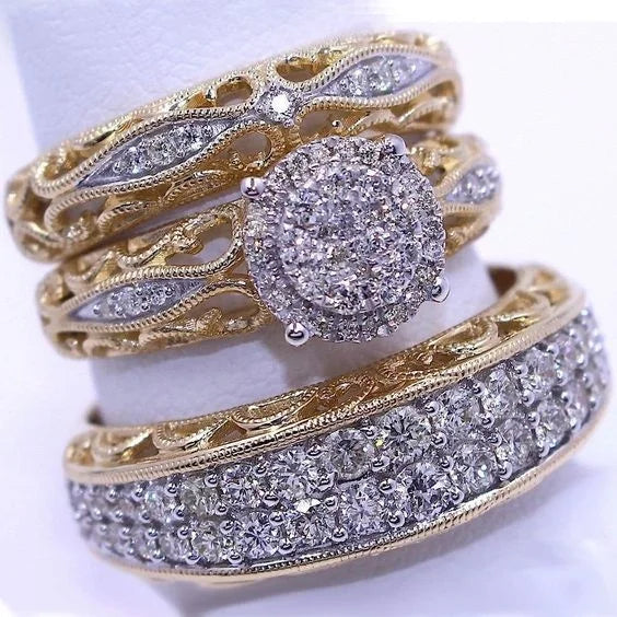 3pcs/set Fashion Zircon Rings for Women Birthstone Bride Wedding Ring Engagement Ring Fidget Gold Color Ring Anillos Mujer