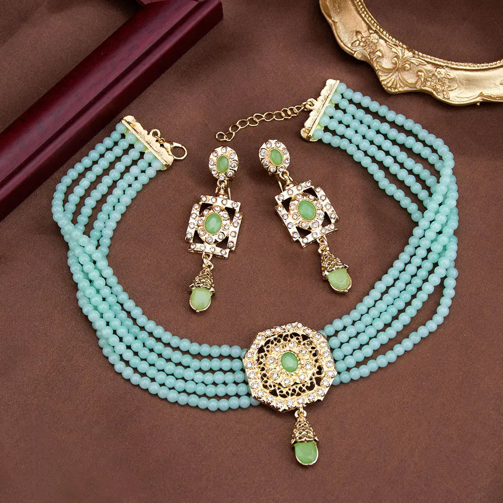 Algeria Beads Choker Necklace String Neck Chain Square Earring For Women Morocco Caftan Jewelry Arabic Bridal Bijoux