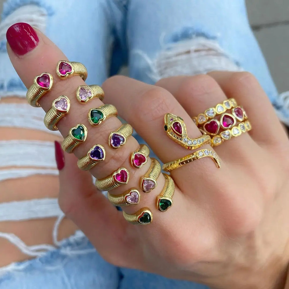 2025 Valentine's Day Fashion Gift Jewelry Gold Plated Pink Red Purple Green Heart Shaped CZ Open Finger Ring