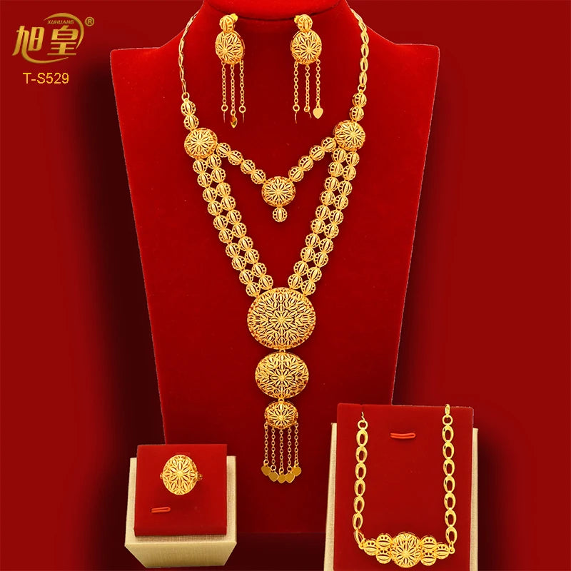 African Big Luxury 4PCS Dubai Gold Color Jewelry Necklace Sets For Women Bridal Wedding Sets 2024 Trend Jewellery Gifts
