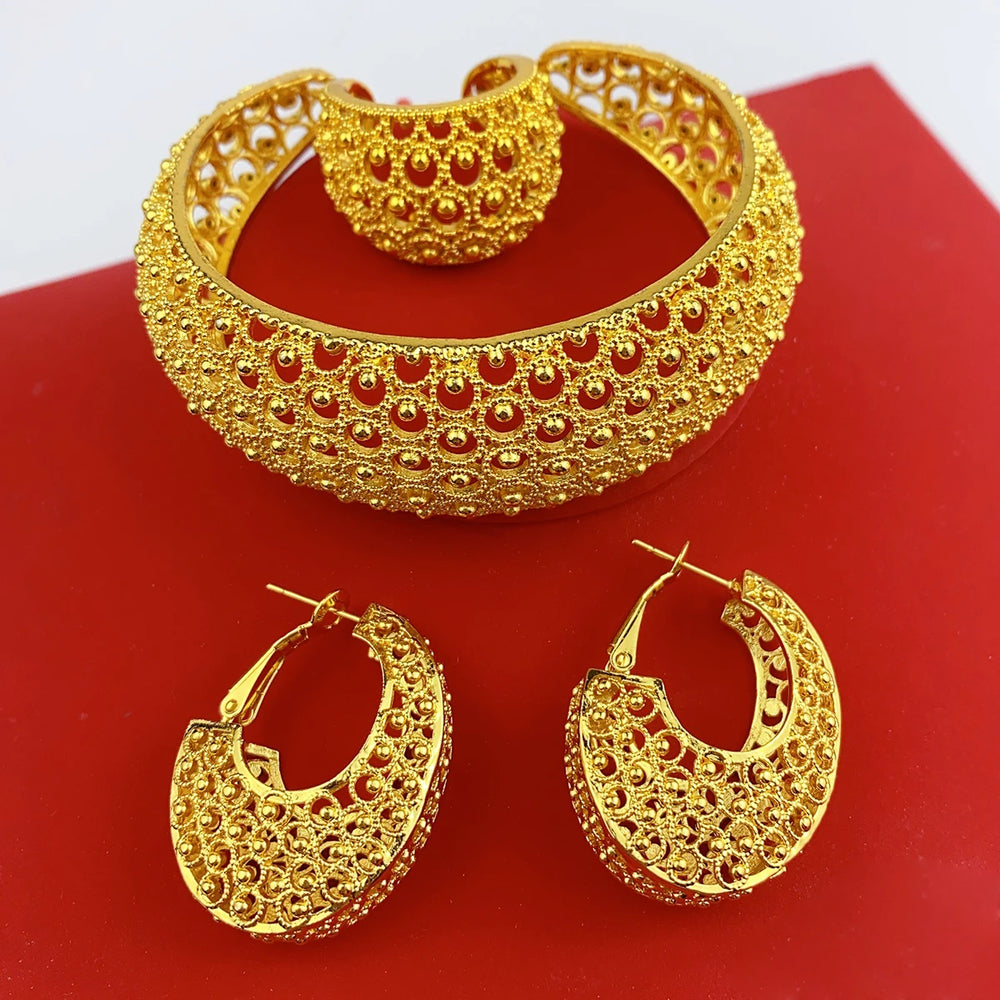 Luxury Dubai Gold Plated Bracelet Ring Earrings 3pcs Jewelry Sets For Women Wedding African Indian Jewellery Anniversary Gifts