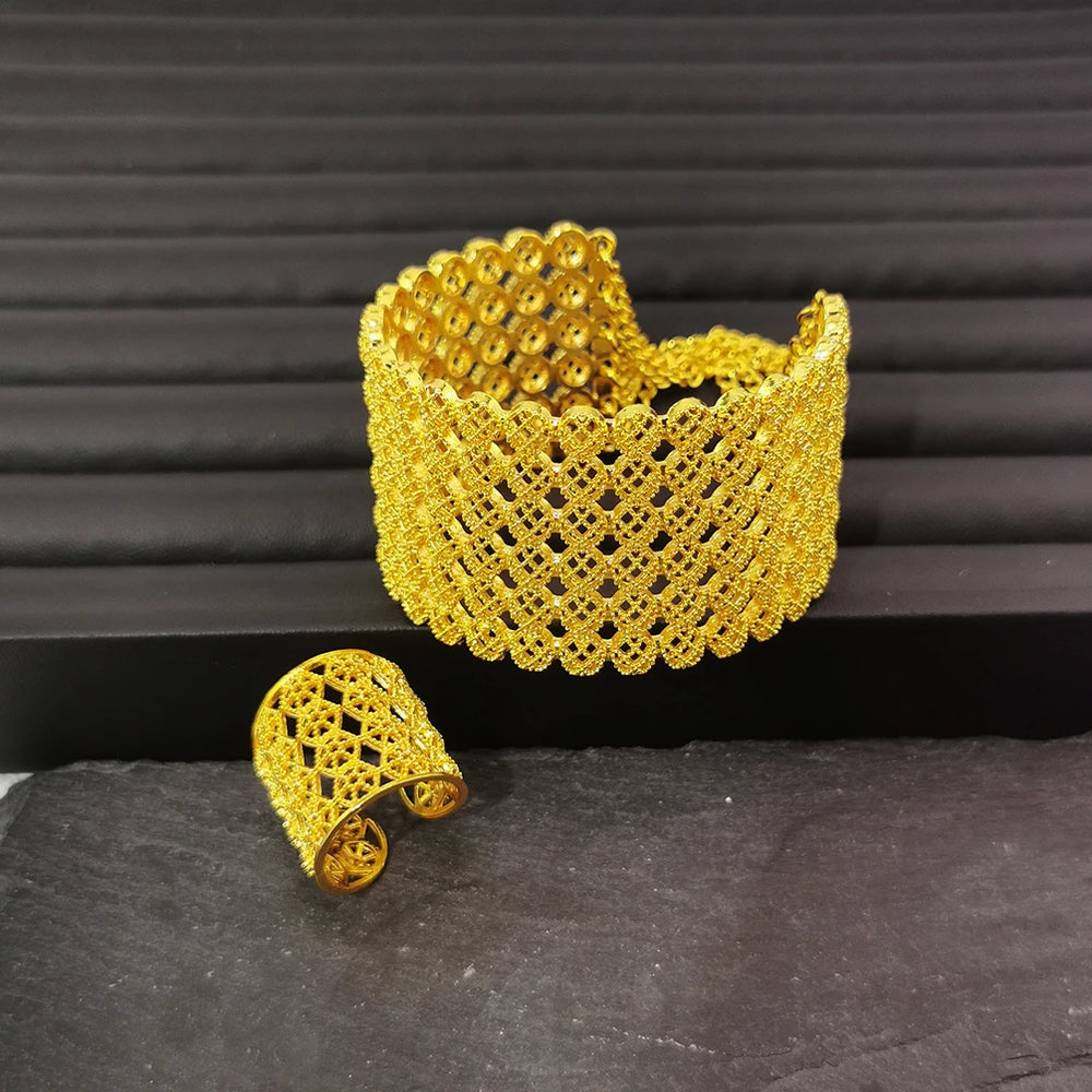 Yellow Gold Color Dubai Jewelry Set For Women Round Hollow Alloy Wide Bracelets Rings Sets African Statement Bangle With Chains