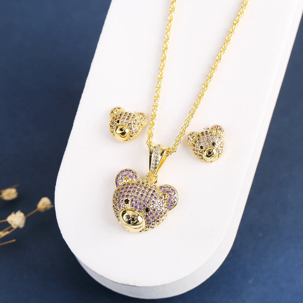 3pcs Exquisite Shiny White Red Zirconia Bear Jewelry Set Necklace Earrings Ring Cute Animal Jewelry Accessories For Women Girls