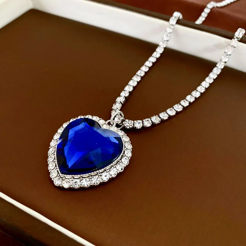 Heart of Ocean Necklace Big Blue Red Heart Pendant Necklace for Women Shiny Rhinestone Chain Necklace Party Wedding Jewelry