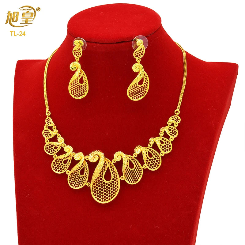 African Big Luxury 4PCS Dubai Gold Color Jewelry Necklace Sets For Women Bridal Wedding Sets 2024 Trend Jewellery Gifts