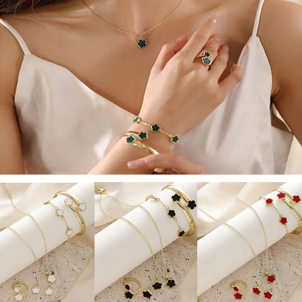 1 Set Fashion Alloy Jewelry Set Female Plum Blossom Five Leaf Flower Earing Girls Bracelet Adjustable Women's Girl Necklace