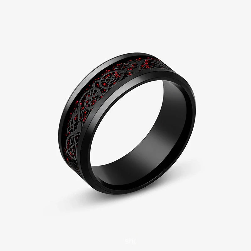 2025 Fashion Men Stainless Steel Celtic Dragon Ring Inlaid Red Blue Carbon Fiber Rings Wedding Band Jewelry 8MM Bague Homme
