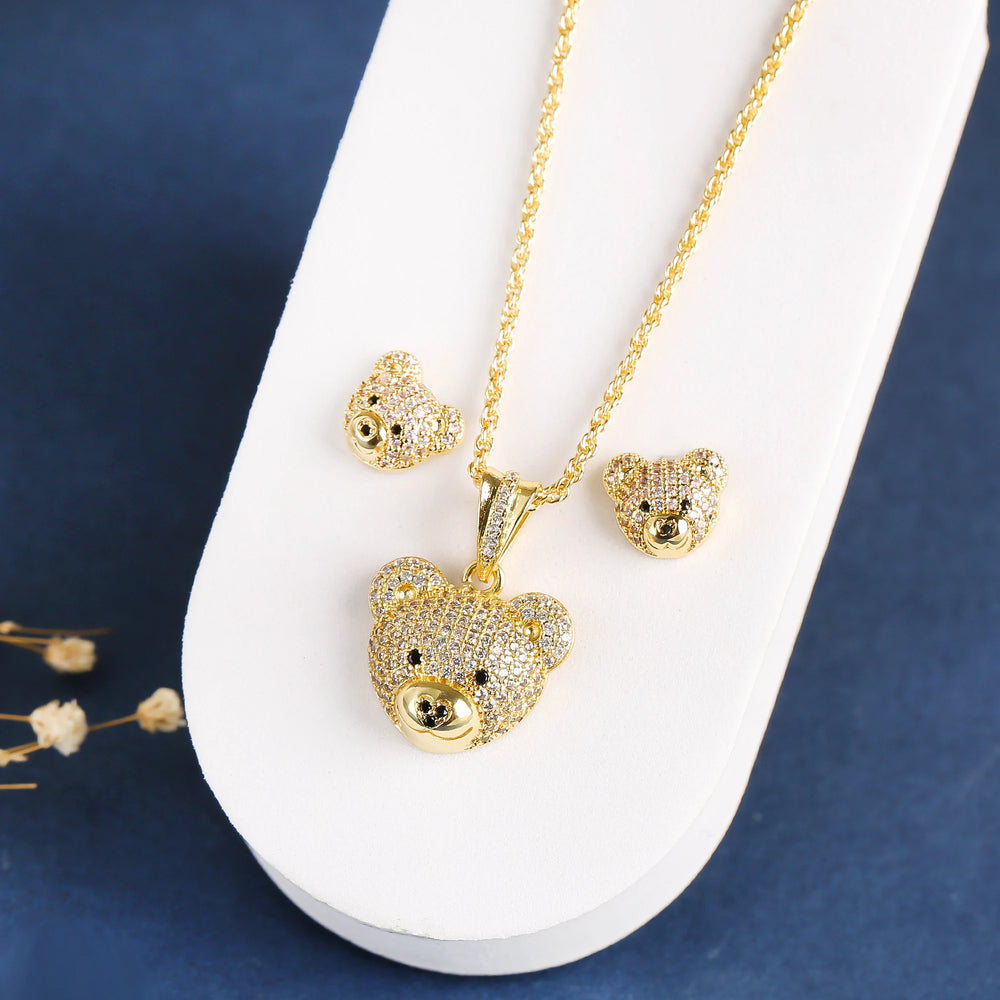 3pcs Exquisite Shiny White Red Zirconia Bear Jewelry Set Necklace Earrings Ring Cute Animal Jewelry Accessories For Women Girls