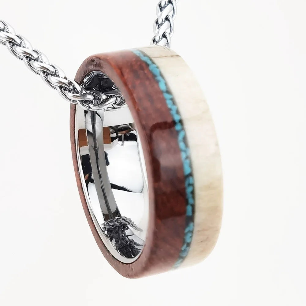 Personalized 8mm Tungsten Ring for Men Flat Top Wood Band Inlay Natural Elk Antler&Turquoise for Best Birthday Gift Size 7-15