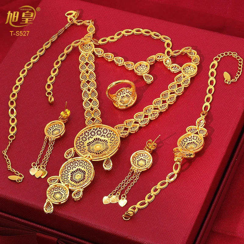 African Big Luxury 4PCS Dubai Gold Color Jewelry Necklace Sets For Women Bridal Wedding Sets 2024 Trend Jewellery Gifts