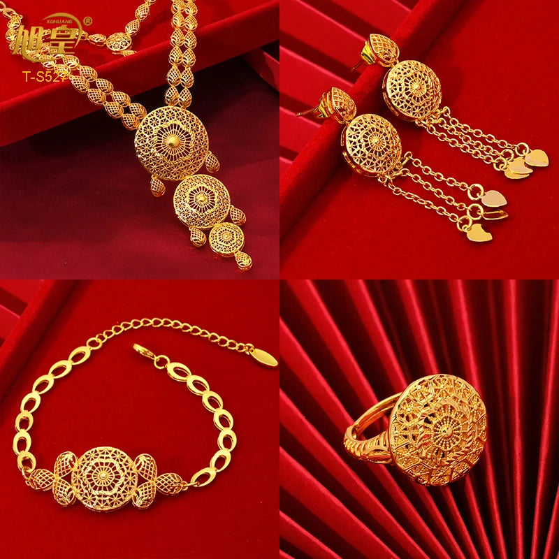 African Big Luxury 4PCS Dubai Gold Color Jewelry Necklace Sets For Women Bridal Wedding Sets 2024 Trend Jewellery Gifts