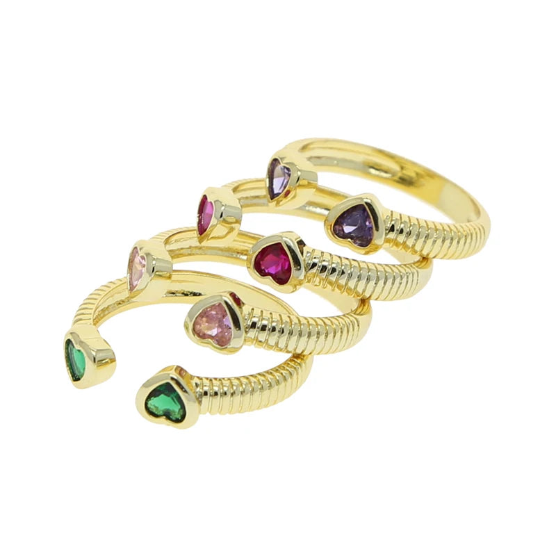 2025 Valentine's Day Fashion Gift Jewelry Gold Plated Pink Red Purple Green Heart Shaped CZ Open Finger Ring