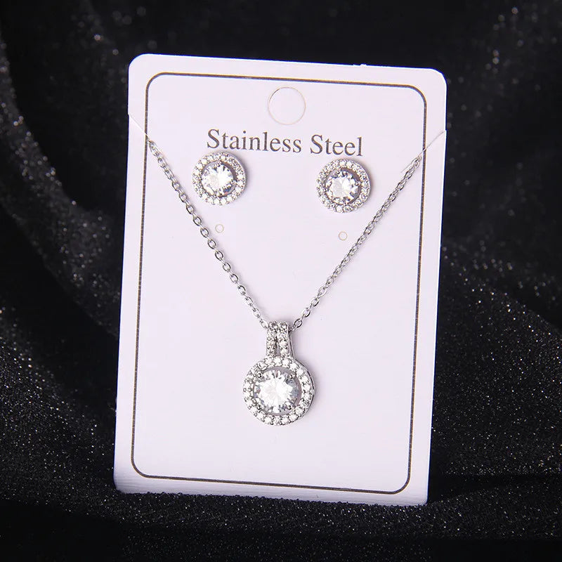 High Grade Round Zircon Jewelry Set Trendy Popular Stainless Steel Pendant Necklace Stud Earrings Party Gifts For Women Girls