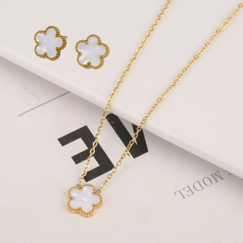 2pcs/Set Flower Stainless Steel Pendant Necklace Earrings For Women Trending New In Fashion Jewelry Set Accessories Clover