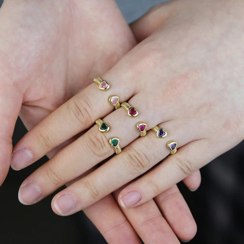 2025 Valentine's Day Fashion Gift Jewelry Gold Plated Pink Red Purple Green Heart Shaped CZ Open Finger Ring