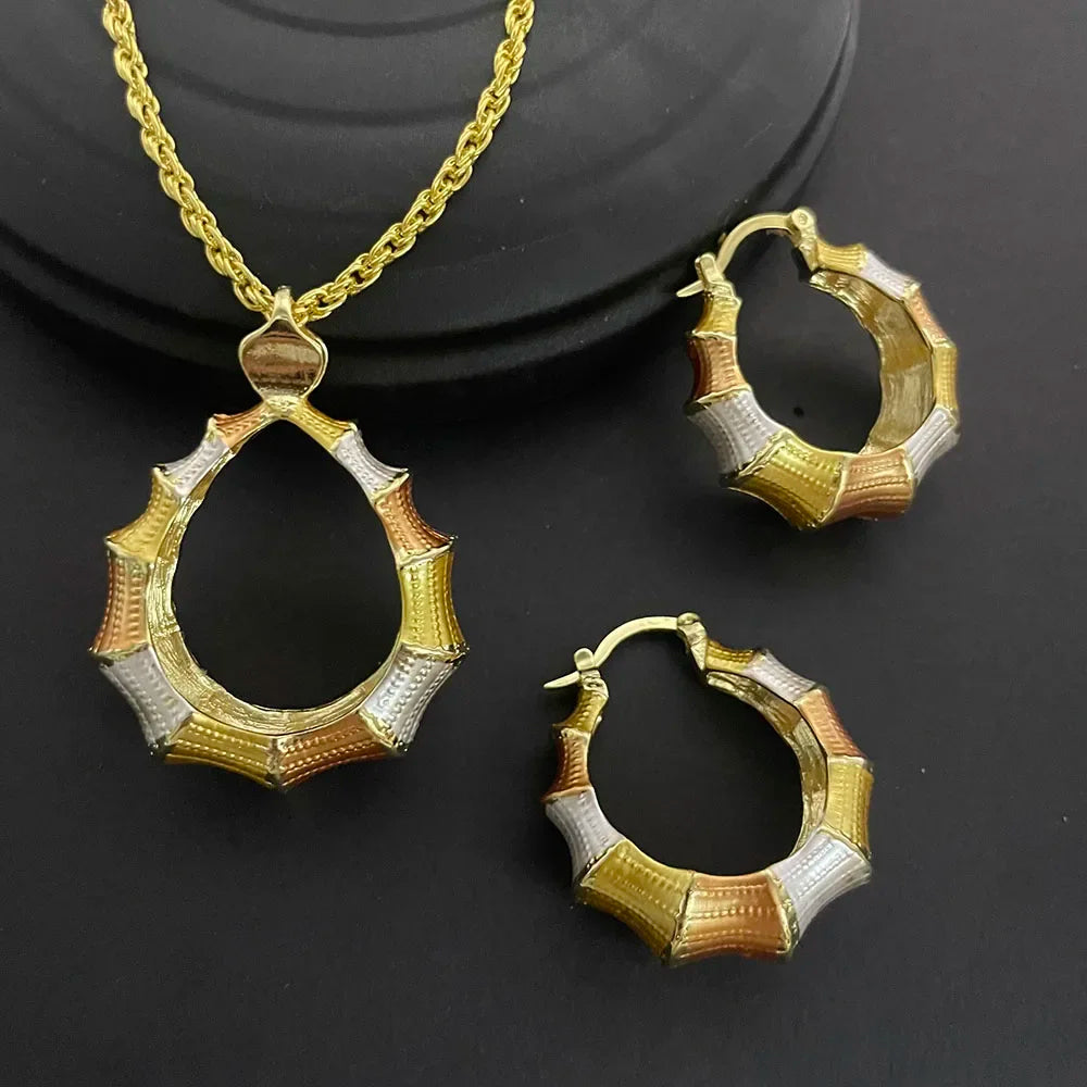 24K Gold-plated Two Piece Copper Jewelry Set India Dubai Jewelry Gold Warped Geometry Necklace Earrings