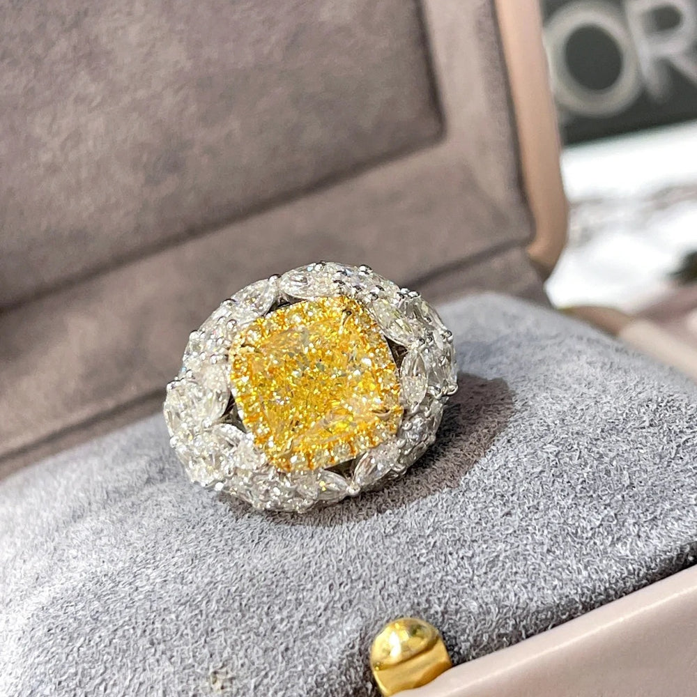 Adjustable Big Bling Yellow Zircon Stone Silver Ring