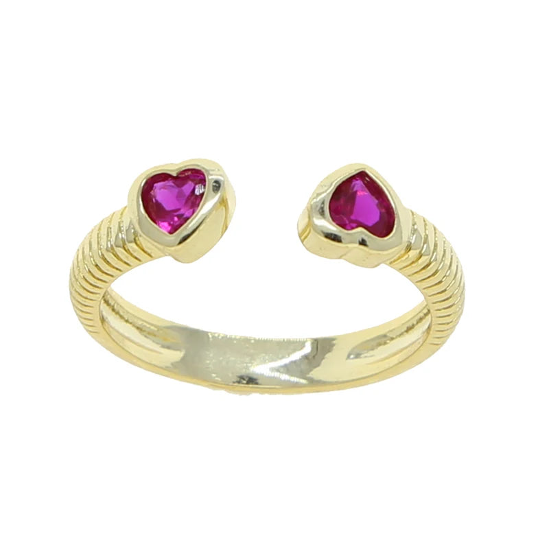 2025 Valentine's Day Fashion Gift Jewelry Gold Plated Pink Red Purple Green Heart Shaped CZ Open Finger Ring