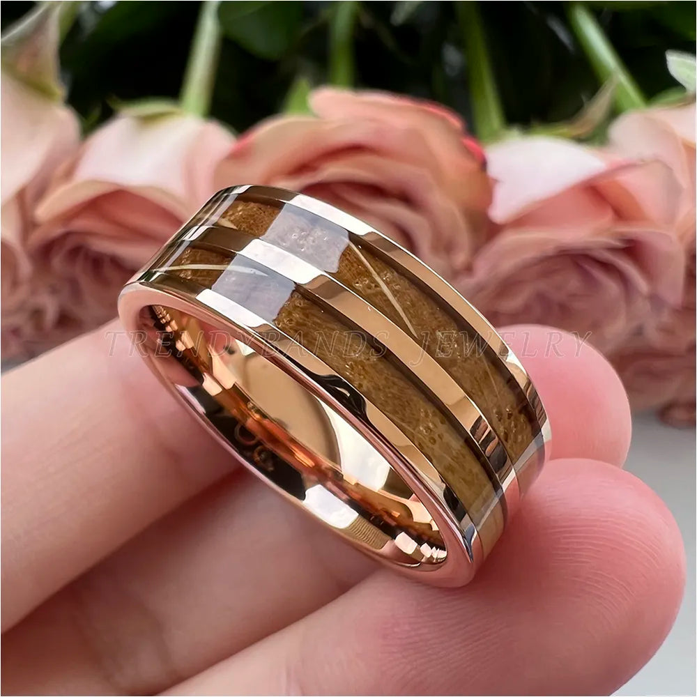 8mm Men's Women's Ring Tungsten Wedding Band Couple's Fashion Jewelry Whisky Barrel Wood Inlay Polished Shiny Comfort Fit