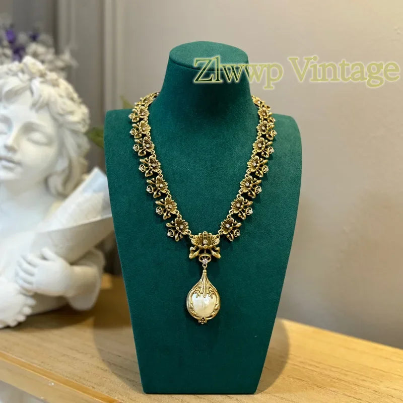 High Luxury Romantic Drop Baroque Pearl Pendant Vintage Jewelry Sets Cooper Flower Necklace Earring Ring Women Wedding Bride