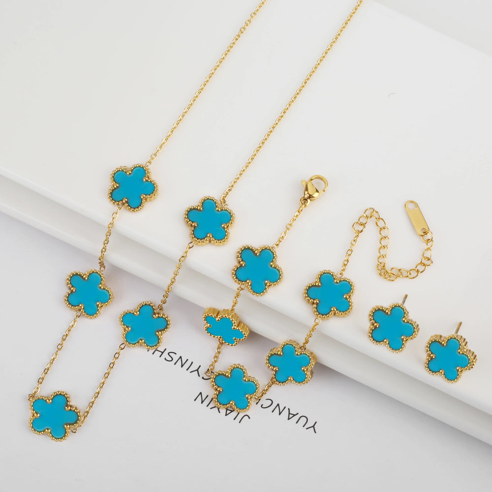 Hot Selling Plum Blossom Plant Five Leaf Flower Jewelry Set Bracelet Necklace Earrings Women Stainless Steel High Quality Clover