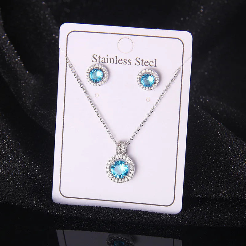 High Grade Round Zircon Jewelry Set Trendy Popular Stainless Steel Pendant Necklace Stud Earrings Party Gifts For Women Girls