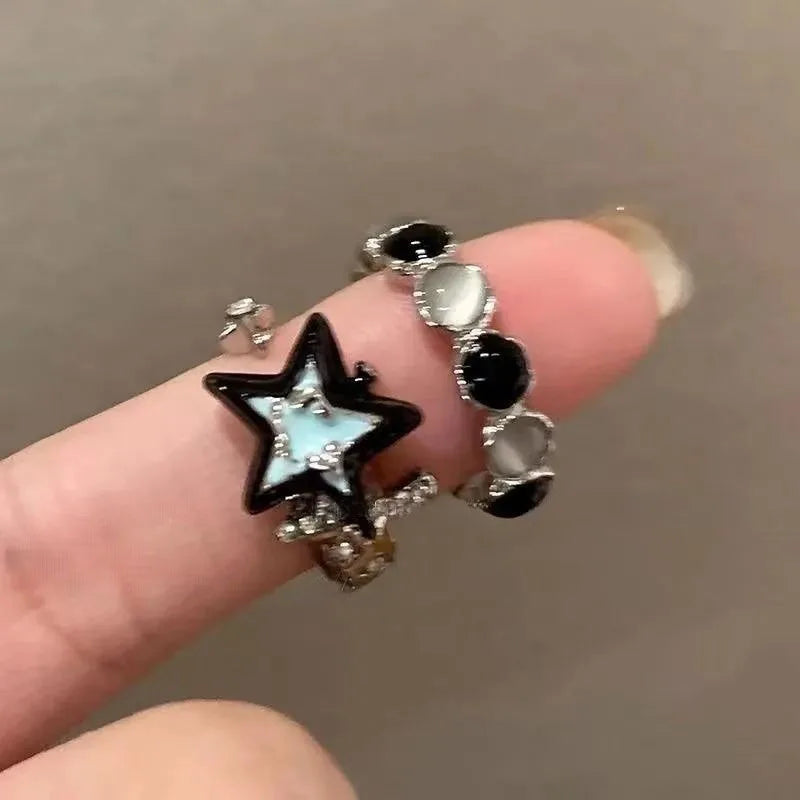 New Y2K Kpop Lucky Star Ring Heart Adjustable Irregular Geometric Punk Retro Women Crystal Ring Set Fashion Girls Jewelry Gifts
