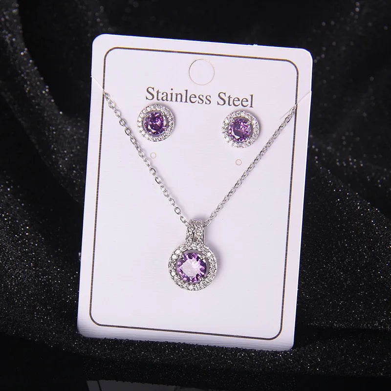 High Grade Round Zircon Jewelry Set Trendy Popular Stainless Steel Pendant Necklace Stud Earrings Party Gifts For Women Girls