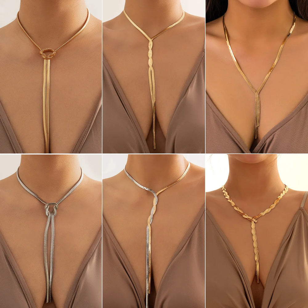 Adjustable Flat Snake Long Chain Necklace for Women Wed Temperament Weave Link Choker Chest Neck Jewelry Gift New