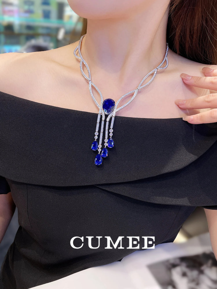 Cultivated Sapphire Necklace for Women Cubic Zirconia 925 Silver Gold-plated Necklace for Party Holidays Engagement