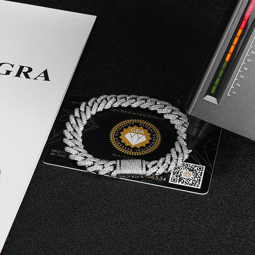 8/10/15/20mm Miami Hip Hop Jewelry Pass VVS Stone Shiny 925 Sterling Silver Bracelet Moissanite Cuban Link Chain For Men