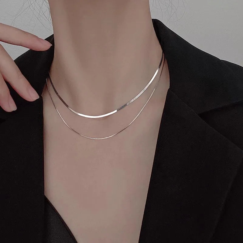 2024 S925 Silver Double Layer Box Chain Snake Clavicle Chain Necklace Female Fashion Hip-hop Retro Unique Design Fine Jewelry