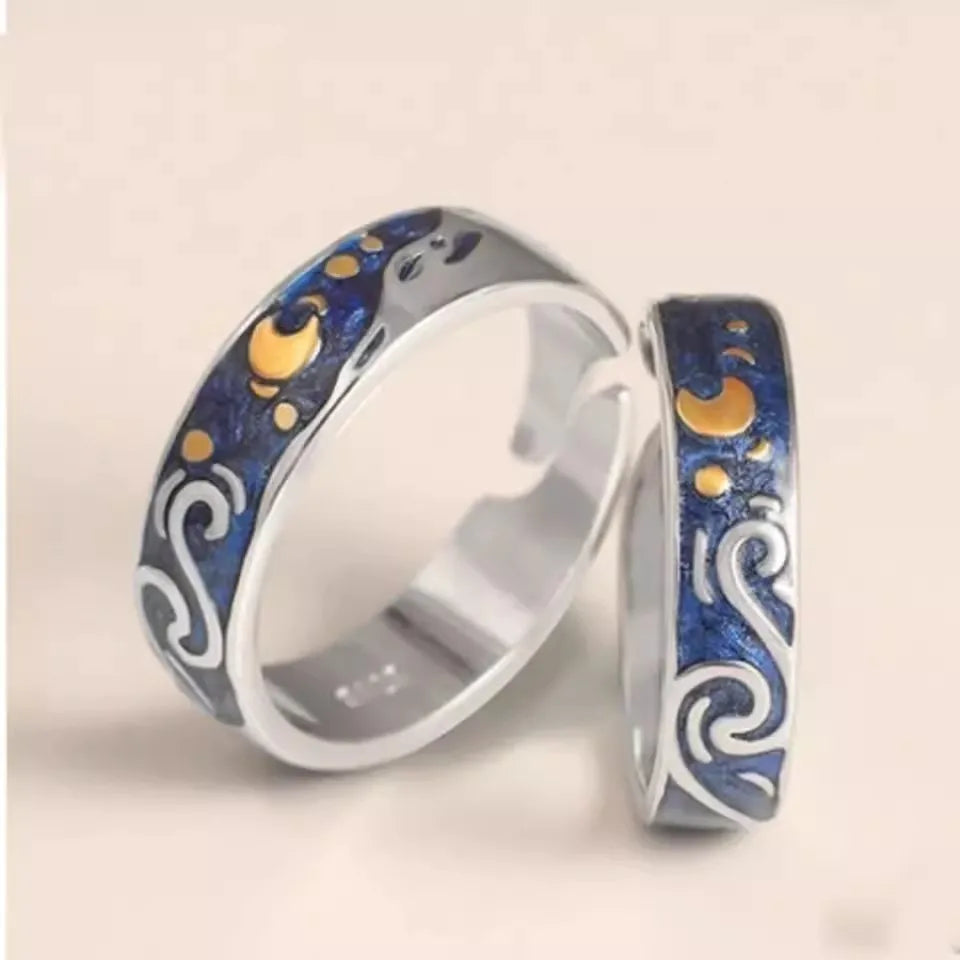 Couple Creative Van Gogh Starry Sky Rings Set Night Star Moon Open Ring for Women Men Lovers Wedding Finger Sliver Ring Jewelry
