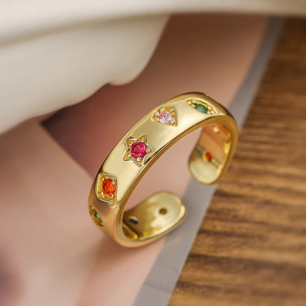 2025 New Fashion Gold Color Colourful AAA CZ Zircon Inlay Jewelry Open Design Wedding Bands Rings For Women Girl