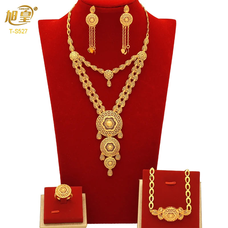 African Big Luxury 4PCS Dubai Gold Color Jewelry Necklace Sets For Women Bridal Wedding Sets 2024 Trend Jewellery Gifts