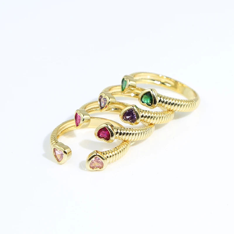 2025 Valentine's Day Fashion Gift Jewelry Gold Plated Pink Red Purple Green Heart Shaped CZ Open Finger Ring