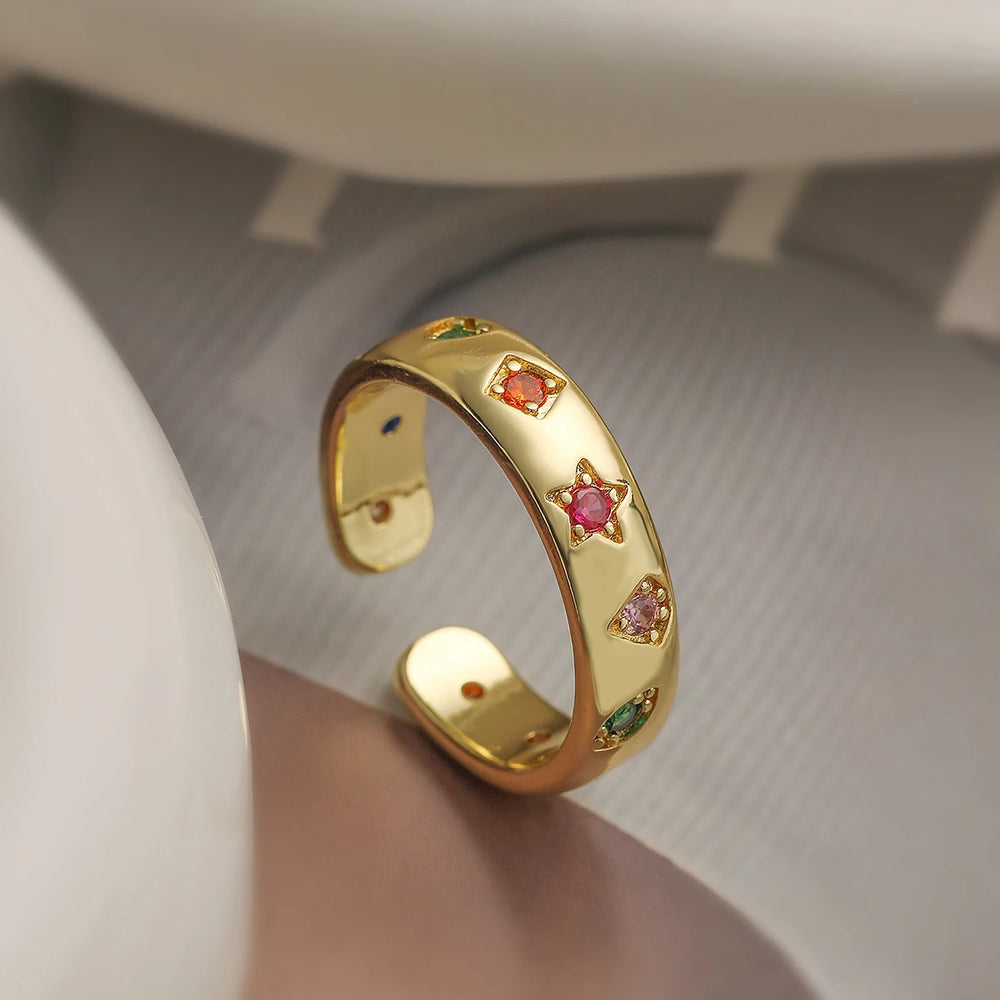 2025 New Fashion Gold Color Colourful AAA CZ Zircon Inlay Jewelry Open Design Wedding Bands Rings For Women Girl