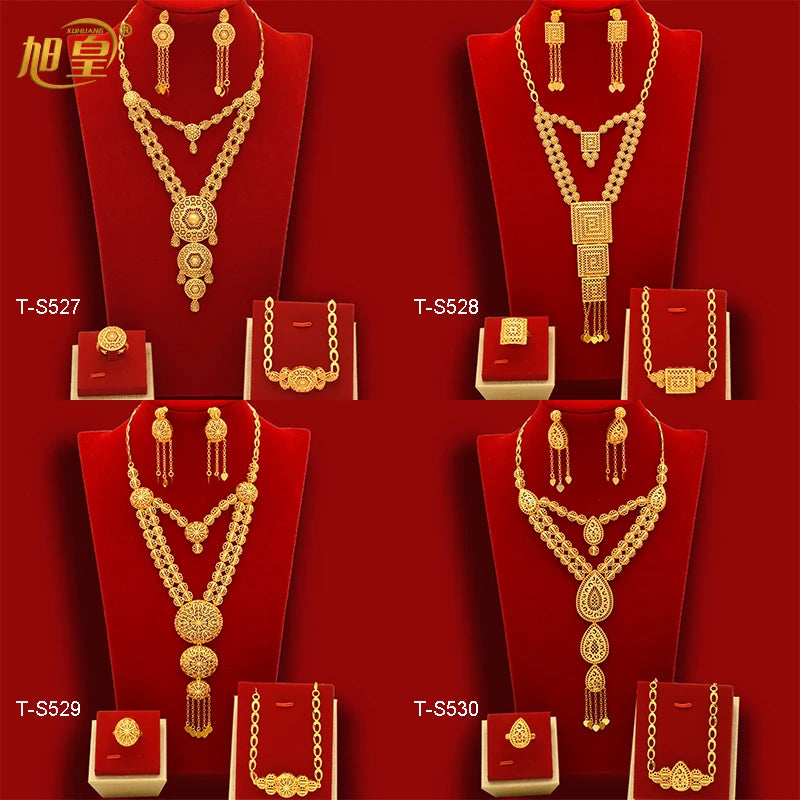 African Big Luxury 4PCS Dubai Gold Color Jewelry Necklace Sets For Women Bridal Wedding Sets 2024 Trend Jewellery Gifts