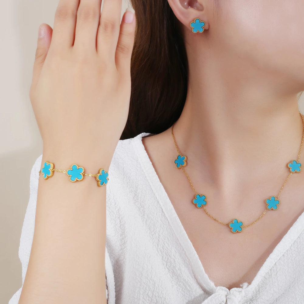 Hot Sale Stainless Steel Five Flower Clover Bracelet Jewelry Set Necklace Earrings For Woman Daily Wear Brand Jewelry