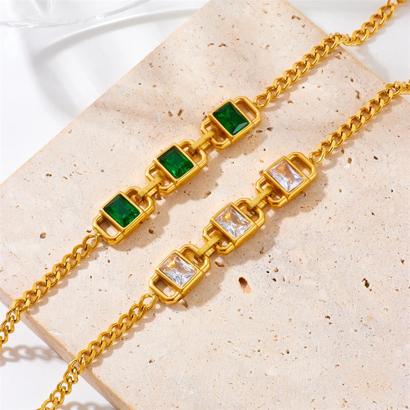  316L Stainless Steel Geometric Green White Stone Bracelet For Women Girl Fashion Wrist Chain Bangles Jewelry Lady Gift